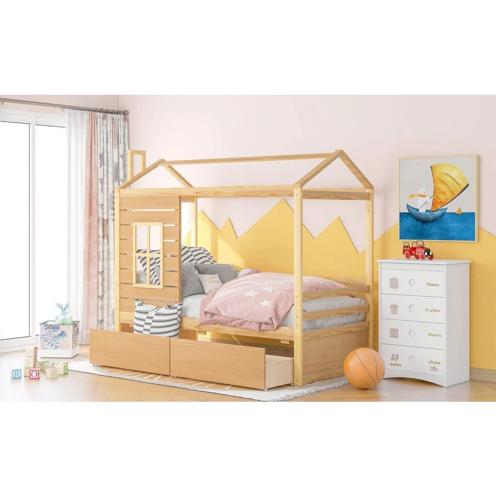 Twin Size Natural Wood House Canopy Bed with Drawers and Roof, Kids House Daybed Frame with Fence by ANBAZAR 9 Twin Size Natural Wood House Canopy Bed with Drawers and Roof, Kids House Daybed Frame with Fence by ANBAZAR - Image 9