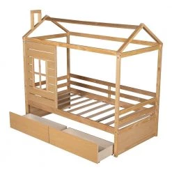 Twin Size Natural Wood House Canopy Bed with Drawers and Roof, Kids House Daybed Frame with Fence by ANBAZAR 14 Twin Size Natural Wood House Canopy Bed with Drawers and Roof, Kids House Daybed Frame with Fence by ANBAZAR -ANBAZAR Sales light wood anbazar kids beds 00486anna 44 1000