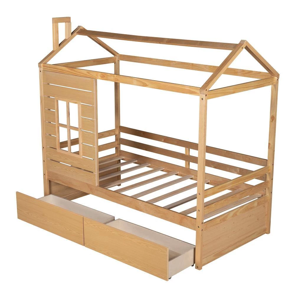 Twin Size Natural Wood House Canopy Bed with Drawers and Roof, Kids House Daybed Frame with Fence by ANBAZAR 6 Twin Size Natural Wood House Canopy Bed with Drawers and Roof, Kids House Daybed Frame with Fence by ANBAZAR - Image 6