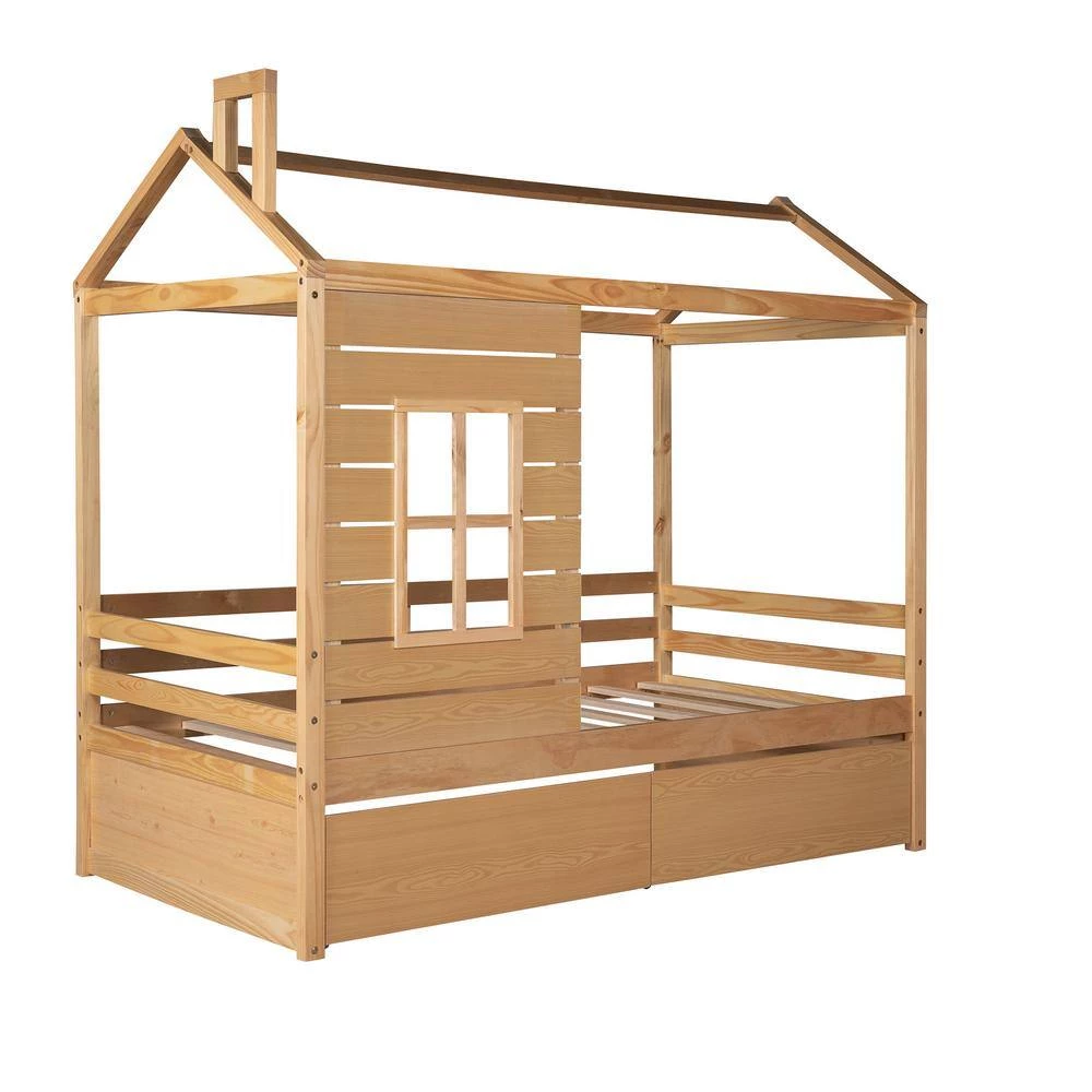 Twin Size Natural Wood House Canopy Bed with Drawers and Roof, Kids House Daybed Frame with Fence by ANBAZAR 4 Twin Size Natural Wood House Canopy Bed with Drawers and Roof, Kids House Daybed Frame with Fence by ANBAZAR - Image 4