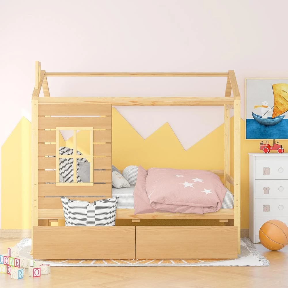 Twin Size Natural Wood House Canopy Bed with Drawers and Roof, Kids House Daybed Frame with Fence by ANBAZAR 1 Twin Size Natural Wood House Canopy Bed with Drawers and Roof, Kids House Daybed Frame with Fence by ANBAZAR
