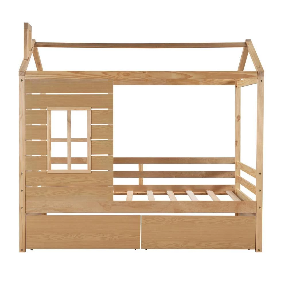Twin Size Natural Wood House Canopy Bed with Drawers and Roof, Kids House Daybed Frame with Fence by ANBAZAR 3 Twin Size Natural Wood House Canopy Bed with Drawers and Roof, Kids House Daybed Frame with Fence by ANBAZAR - Image 3