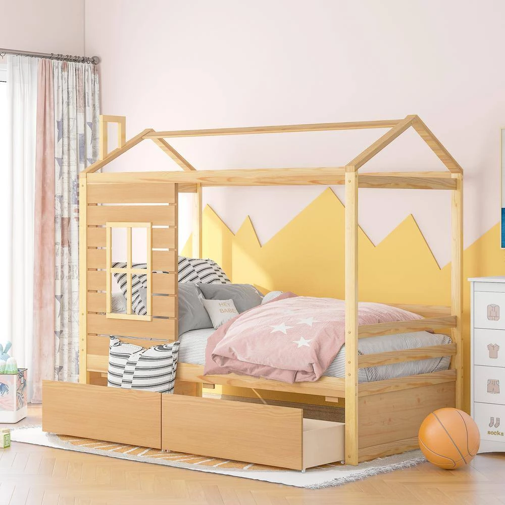Twin Size Natural Wood House Canopy Bed with Drawers and Roof, Kids House Daybed Frame with Fence by ANBAZAR 2 Twin Size Natural Wood House Canopy Bed with Drawers and Roof, Kids House Daybed Frame with Fence by ANBAZAR - Image 2