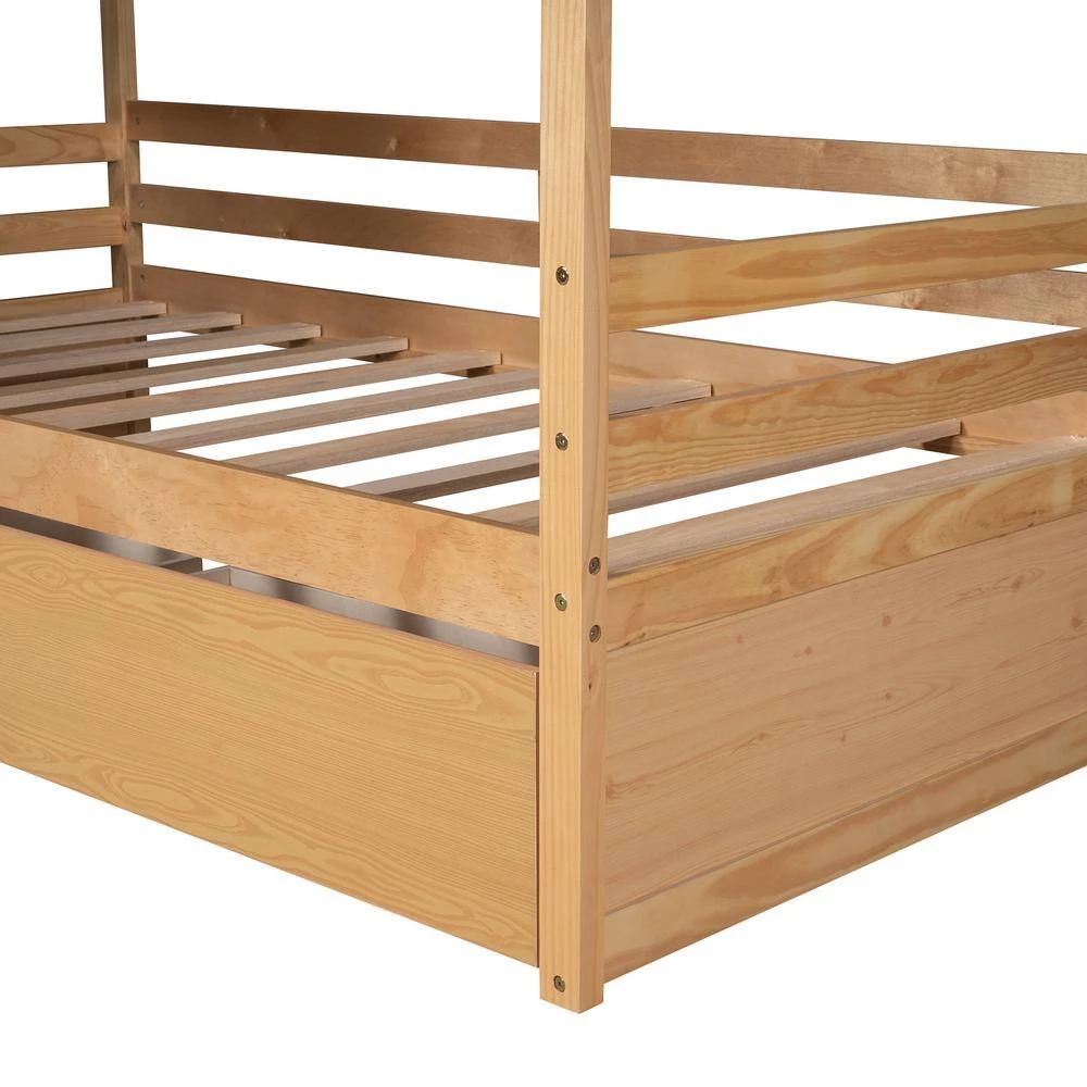 Twin Size Natural Wood House Canopy Bed with Drawers and Roof, Kids House Daybed Frame with Fence by ANBAZAR 7 Twin Size Natural Wood House Canopy Bed with Drawers and Roof, Kids House Daybed Frame with Fence by ANBAZAR - Image 7