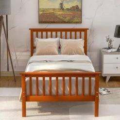 Twin Size Platform Bed Frame Wood Twin Size Platform Bed with Headboard and Footboard for Kids Oak by ANBAZAR