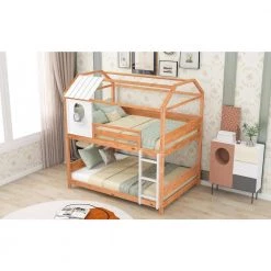 Full-Over-Full Wooden House Bunk Bed with Roof, Window, Little Shelf, Ladder, and Full-Length Guardrails, Natural by ANBAZAR -ANBAZAR Sales natural anbazar bunk beds wkx186 31 1000