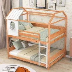 Full-Over-Full Wooden House Bunk Bed with Roof, Window, Little Shelf, Ladder, and Full-Length Guardrails, Natural by ANBAZAR -ANBAZAR Sales natural anbazar bunk beds wkx186 40 1000