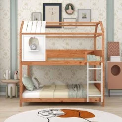 Full-Over-Full Wooden House Bunk Bed with Roof, Window, Little Shelf, Ladder, and Full-Length Guardrails, Natural by ANBAZAR -ANBAZAR Sales natural anbazar bunk beds wkx186 c3 1000