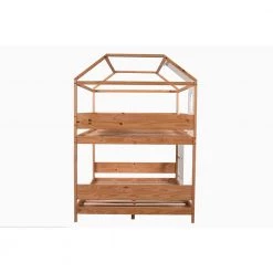 Full-Over-Full Wooden House Bunk Bed with Roof, Window, Little Shelf, Ladder, and Full-Length Guardrails, Natural by ANBAZAR -ANBAZAR Sales natural anbazar bunk beds wkx186 fa 1000