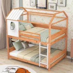 Natural Wood Full Kids House Shape Bunk Bed, Wood Low Floor Bunk Bed Frame with Window and A Bedside Tray by ANBAZAR