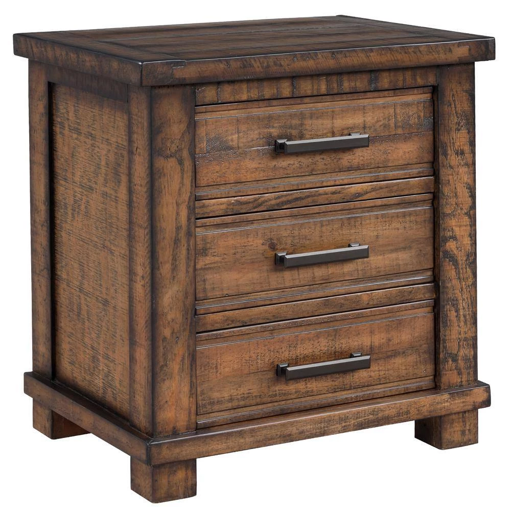 Rustic Three-Drawers Farmhouse Style Nightstand 25.6"H 17"W 24"D, Wood Bedside Table Cabinet with Solid Wood Legs by ANBAZAR 2 Rustic Three-Drawers Farmhouse Style Nightstand 25.6"H 17"W 24"D, Wood Bedside Table Cabinet with Solid Wood Legs by ANBAZAR - Image 2