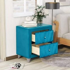 28.3"H x 13.7"W x 25"L Vintage Wooden Nightstand with Two Drawers, Velvet Fabric Bedside Table with Glass Worktop-Navy by ANBAZAR -ANBAZAR Sales navy anbazar nightstands d 001054 n c3 1000