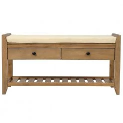Old Pine Entryway Wood Storage Bench Shoe Rack 39"L x 14"W x 19.8"H with Cushioned Seat, 2 Drawers and Bottom Shelf by ANBAZAR -ANBAZAR Sales old pine anbazar dining benches 01548anna d c3 1000