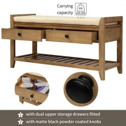Old Pine Entryway Wood Storage Bench Shoe Rack 39"L x 14"W x 19.8"H with Cushioned Seat, 2 Drawers and Bottom Shelf by ANBAZAR -ANBAZAR Sales old pine anbazar dining benches 01548anna d fa 1000
