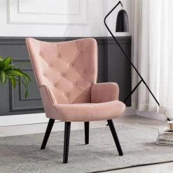 Modern Pink Velvet Fabric Upholstery Metal Frame Accent Arm Chair Leisure Chair with Solid Wood Legs by ANBAZAR