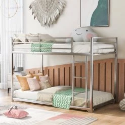 Silver Twin Metal Bunk Bed with Ladder Low Floor Twin Kids Bunk Bed Frame with Safe Guardrail by ANBAZAR -ANBAZAR Sales silver anbazar bunk beds 01711anna n c3 1000