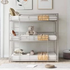 Silver Metal Twin Size Triple Kids Bunk Bed Frame, Twin-Over-Twin-Over-Twin Bunk Bed with Built-in Ladder and Guardrail by ANBAZAR -ANBAZAR Sales silver anbazar bunk beds 01721anna n e1 1000