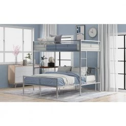 Silver Detachable Twin Over Full Metal Bunk Bed with Desk, Metal Bunk Bed Frame with Built-in Ladder and Safety Rails by ANBAZAR -ANBAZAR Sales silver anbazar bunk beds 01849anna n 31 1000