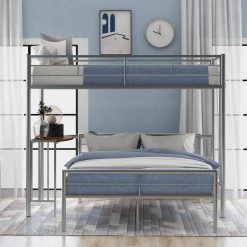 Silver Detachable Twin Over Full Metal Bunk Bed with Desk, Metal Bunk Bed Frame with Built-in Ladder and Safety Rails by ANBAZAR -ANBAZAR Sales silver anbazar bunk beds 01849anna n e1 1000