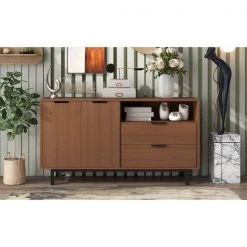 Modern Tan Buffet Cabinet Sideboard with Adjustable Shelf and 2 Drawers, Wood Large Storage Sideboard with Metal Base by ANBAZAR -ANBAZAR Sales tan anbazar sideboards buffet tables 01507anna l 31 1000