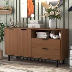 Modern Tan Buffet Cabinet Sideboard with Adjustable Shelf and 2 Drawers, Wood Large Storage Sideboard with Metal Base by ANBAZAR