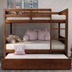 Full Bunk Bed with Trundle, Solid Wood Bunk Bed with Guardrails and Ladders, Walnut by ANBAZAR 17 Full Bunk Bed with Trundle, Solid Wood Bunk Bed with Guardrails and Ladders, Walnut by ANBAZAR -ANBAZAR Sales walnut anbazar bunk beds wkx182 wnt 31 1000