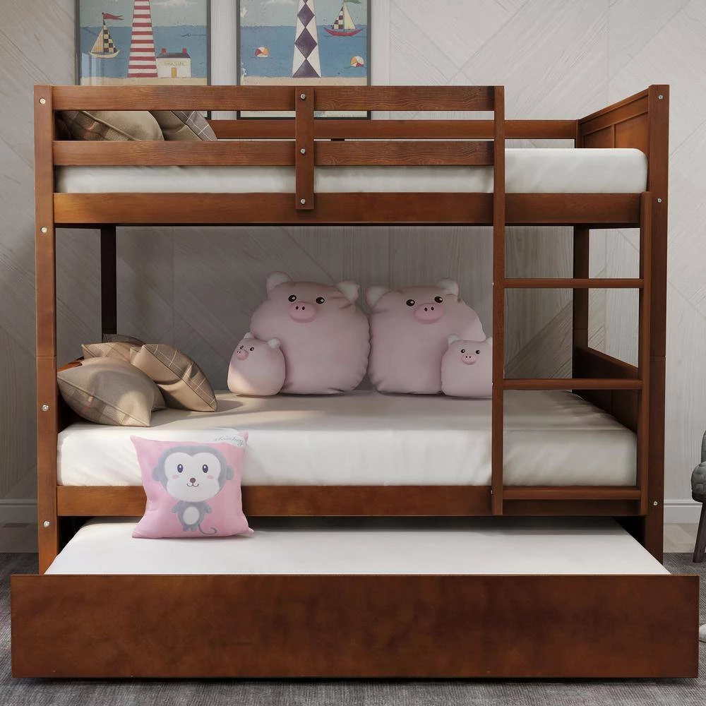 Full Bunk Bed with Trundle, Solid Wood Bunk Bed with Guardrails and Ladders, Walnut by ANBAZAR 9 Full Bunk Bed with Trundle, Solid Wood Bunk Bed with Guardrails and Ladders, Walnut by ANBAZAR - Image 9