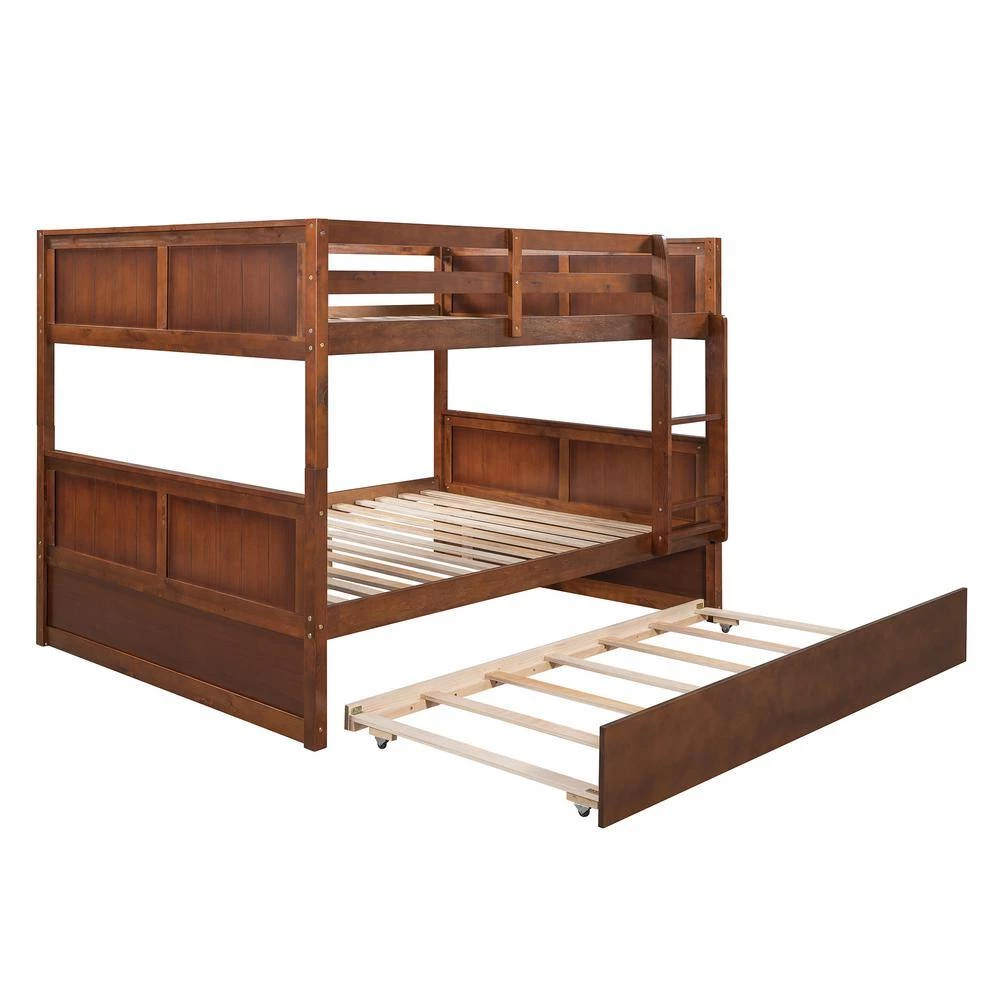 Full Bunk Bed with Trundle, Solid Wood Bunk Bed with Guardrails and Ladders, Walnut by ANBAZAR 6 Full Bunk Bed with Trundle, Solid Wood Bunk Bed with Guardrails and Ladders, Walnut by ANBAZAR - Image 6