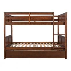 Full Bunk Bed with Trundle, Solid Wood Bunk Bed with Guardrails and Ladders, Walnut by ANBAZAR