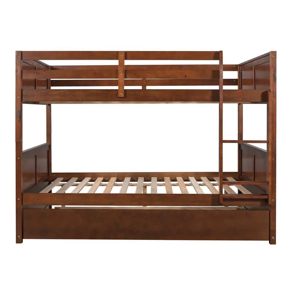 Full Bunk Bed with Trundle, Solid Wood Bunk Bed with Guardrails and Ladders, Walnut by ANBAZAR 1 Full Bunk Bed with Trundle, Solid Wood Bunk Bed with Guardrails and Ladders, Walnut by ANBAZAR