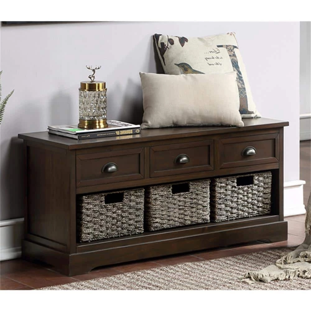 Homes Collection Storage Bench with 3 Drawers and 3 Woven Baskets, Wooden Entryway Bench (Walnut) by ANBAZAR 9 Homes Collection Storage Bench with 3 Drawers and 3 Woven Baskets, Wooden Entryway Bench (Walnut) by ANBAZAR - Image 9