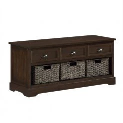 Homes Collection Storage Bench with 3 Drawers and 3 Woven Baskets, Wooden Entryway Bench (Walnut) by ANBAZAR 12 Homes Collection Storage Bench with 3 Drawers and 3 Woven Baskets, Wooden Entryway Bench (Walnut) by ANBAZAR -ANBAZAR Sales walnut anbazar dining benches wkx71 wnt 4f 1000