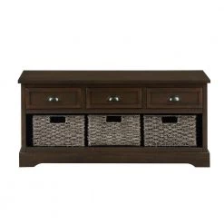 Homes Collection Storage Bench with 3 Drawers and 3 Woven Baskets, Wooden Entryway Bench (Walnut) by ANBAZAR