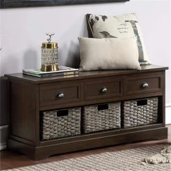Homes Collection Storage Bench with 3 Drawers and 3 Woven Baskets, Wooden Entryway Bench (Walnut) by ANBAZAR 11 Homes Collection Storage Bench with 3 Drawers and 3 Woven Baskets, Wooden Entryway Bench (Walnut) by ANBAZAR -ANBAZAR Sales walnut anbazar dining benches wkx71 wnt c3 1000