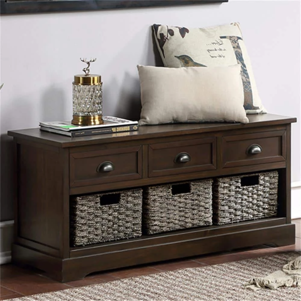 Homes Collection Storage Bench with 3 Drawers and 3 Woven Baskets, Wooden Entryway Bench (Walnut) by ANBAZAR 3 Homes Collection Storage Bench with 3 Drawers and 3 Woven Baskets, Wooden Entryway Bench (Walnut) by ANBAZAR - Image 3