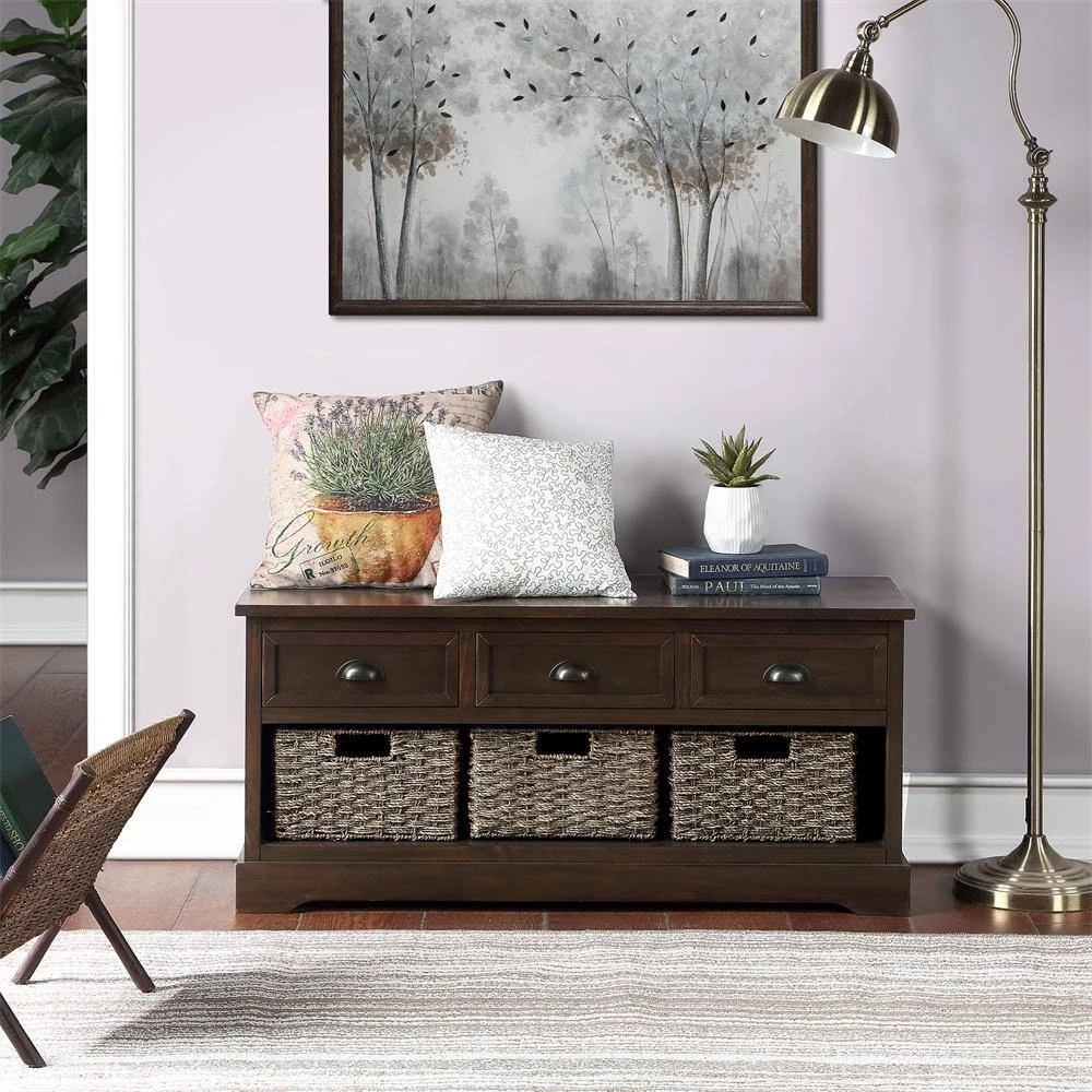 Homes Collection Storage Bench with 3 Drawers and 3 Woven Baskets, Wooden Entryway Bench (Walnut) by ANBAZAR 2 Homes Collection Storage Bench with 3 Drawers and 3 Woven Baskets, Wooden Entryway Bench (Walnut) by ANBAZAR - Image 2