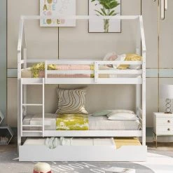 White Wooden House Bunk Bed with Trundle Twin Over Twin Bunk Bed Frame with Ladder Full-Length Guardrails by ANBAZAR -ANBAZAR Sales white 1 anbazar bunk beds wkx24 wt 4f 1000