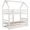 White Wooden House Bunk Bed with Trundle Twin Over Twin Bunk Bed Frame with Ladder Full-Length Guardrails by ANBAZAR