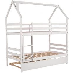 White Wooden House Bunk Bed with Trundle Twin Over Twin Bunk Bed Frame with Ladder Full-Length Guardrails by ANBAZAR