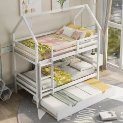 White Wooden House Bunk Bed with Trundle Twin Over Twin Bunk Bed Frame with Ladder Full-Length Guardrails by ANBAZAR -ANBAZAR Sales white 1 anbazar bunk beds wkx24 wt c3 1000