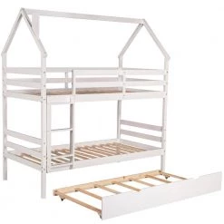White Wooden House Bunk Bed with Trundle Twin Over Twin Bunk Bed Frame with Ladder Full-Length Guardrails by ANBAZAR -ANBAZAR Sales white 1 anbazar bunk beds wkx24 wt fa 1000