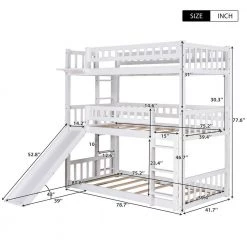 Twin Size White Triple Bunk Beds with Slide, Solid Wood Triple Bunk Bed for Kids, Can be Divided Into 3 Separate Beds by ANBAZAR -ANBAZAR Sales white anbazar bunk beds 00266anna 1f 1000