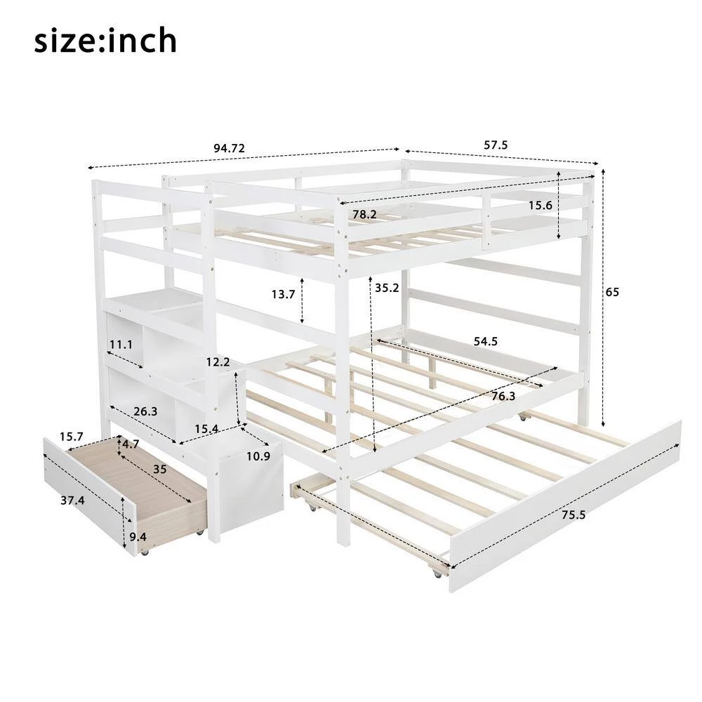 Full Over Full White Wood Bunk Bed with Trundle, Detachable Full Bunk bed Frame with Drawers and Storage Shelves by ANBAZAR 5 Full Over Full White Wood Bunk Bed with Trundle, Detachable Full Bunk bed Frame with Drawers and Storage Shelves by ANBAZAR - Image 5