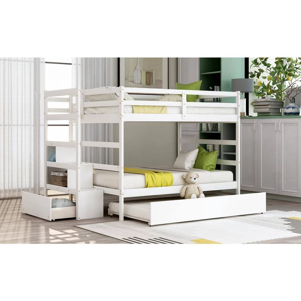 Full Over Full White Wood Bunk Bed with Trundle, Detachable Full Bunk bed Frame with Drawers and Storage Shelves by ANBAZAR 9 Full Over Full White Wood Bunk Bed with Trundle, Detachable Full Bunk bed Frame with Drawers and Storage Shelves by ANBAZAR - Image 9