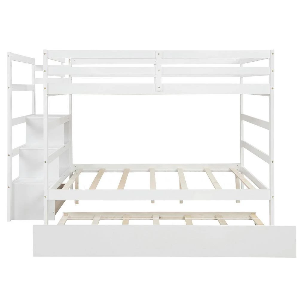 Full Over Full White Wood Bunk Bed with Trundle, Detachable Full Bunk bed Frame with Drawers and Storage Shelves by ANBAZAR 4 Full Over Full White Wood Bunk Bed with Trundle, Detachable Full Bunk bed Frame with Drawers and Storage Shelves by ANBAZAR - Image 4