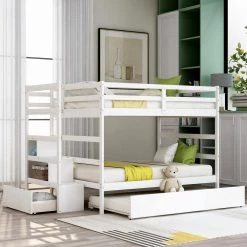 Full Over Full White Wood Bunk Bed with Trundle, Detachable Full Bunk bed Frame with Drawers and Storage Shelves by ANBAZAR