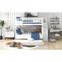 White Full Over Full Wood Bunk Bed With Stairs and Trundle, Detachable Full Kids Bunk Beds with Book Shelves by ANBAZAR -ANBAZAR Sales white anbazar bunk beds 01038anna k 31 1000
