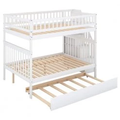 White Full Over Full Wood Bunk Bed With Stairs and Trundle, Detachable Full Kids Bunk Beds with Book Shelves by ANBAZAR -ANBAZAR Sales white anbazar bunk beds 01038anna k 44 1000