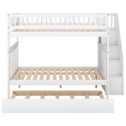 White Full Over Full Wood Bunk Bed With Stairs and Trundle, Detachable Full Kids Bunk Beds with Book Shelves by ANBAZAR -ANBAZAR Sales white anbazar bunk beds 01038anna k 4f 1000