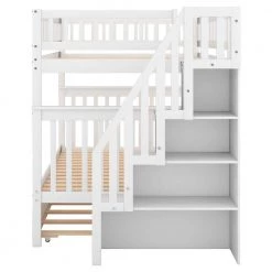 White Full Over Full Wood Bunk Bed With Stairs and Trundle, Detachable Full Kids Bunk Beds with Book Shelves by ANBAZAR -ANBAZAR Sales white anbazar bunk beds 01038anna k fa 1000